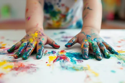 Child Hands Covered In Colorful Finger Paint