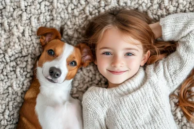 Little Girl and Her Dog Lying on Rug