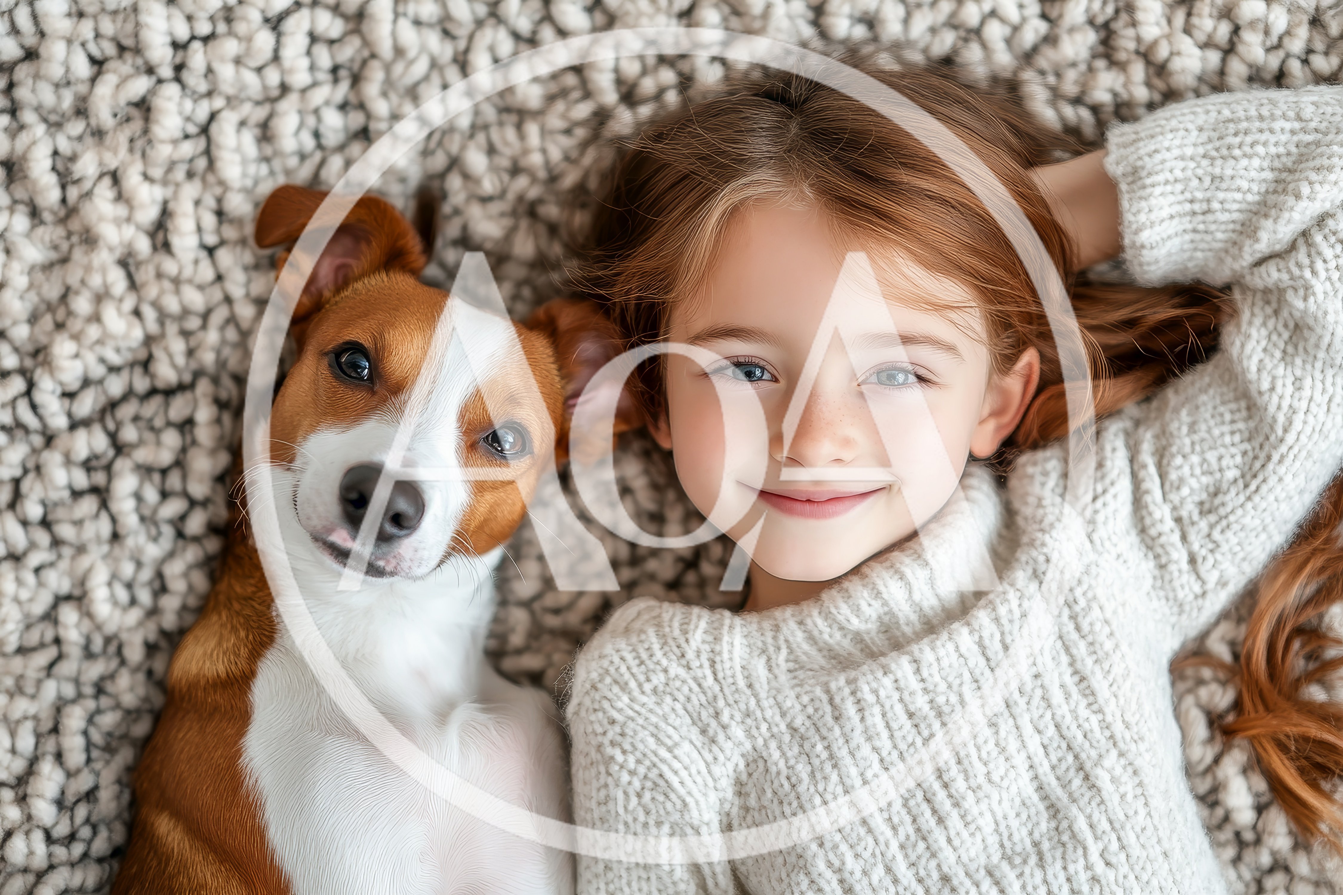 Little Girl and Her Dog Lying on Rug