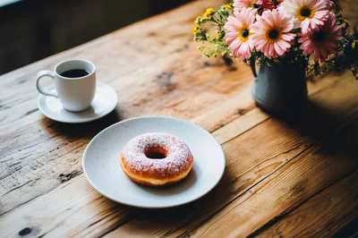 Donut and Coffee on a Rustic Wooden Table