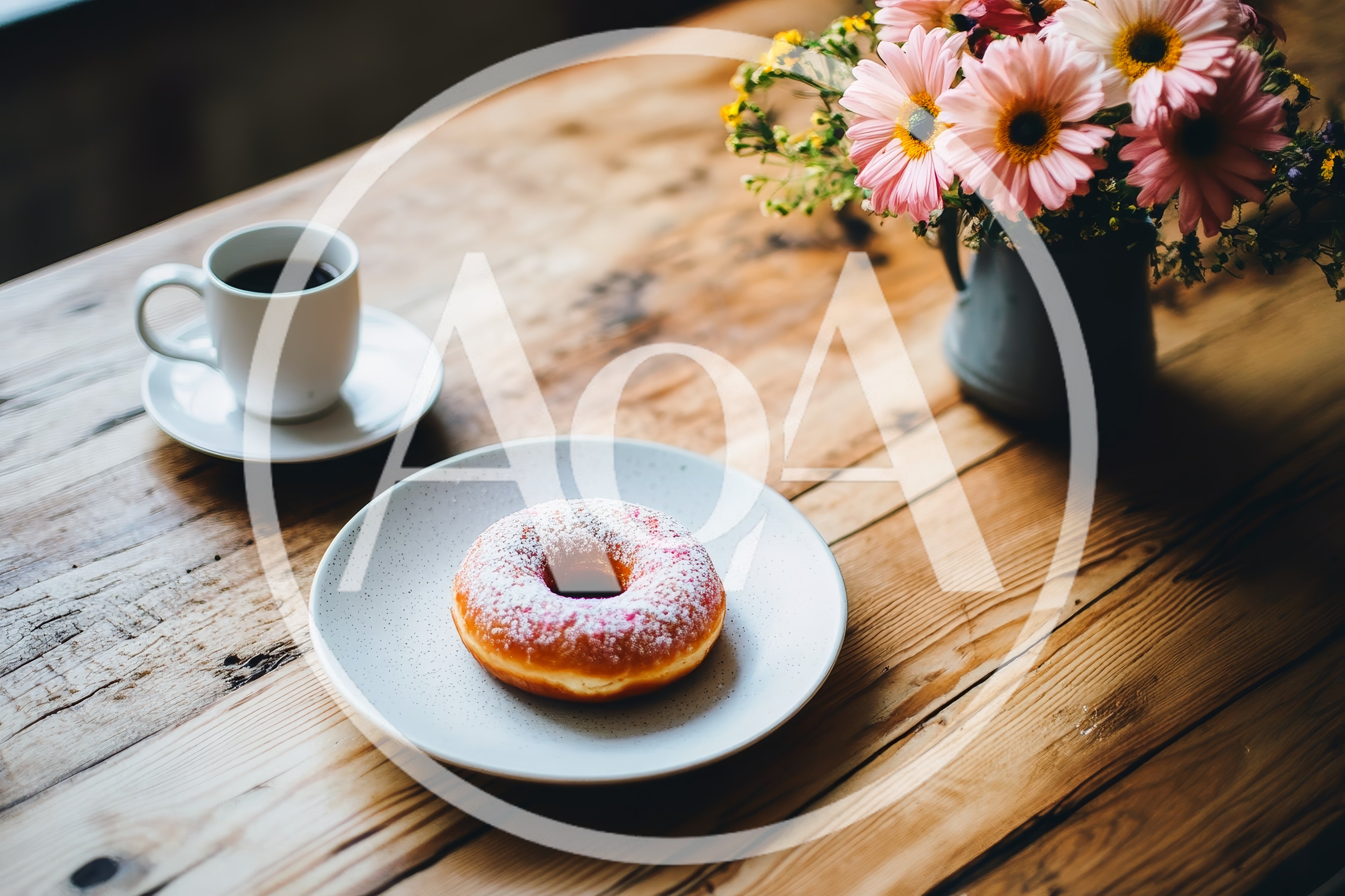 Donut and Coffee on a Rustic Wooden Table