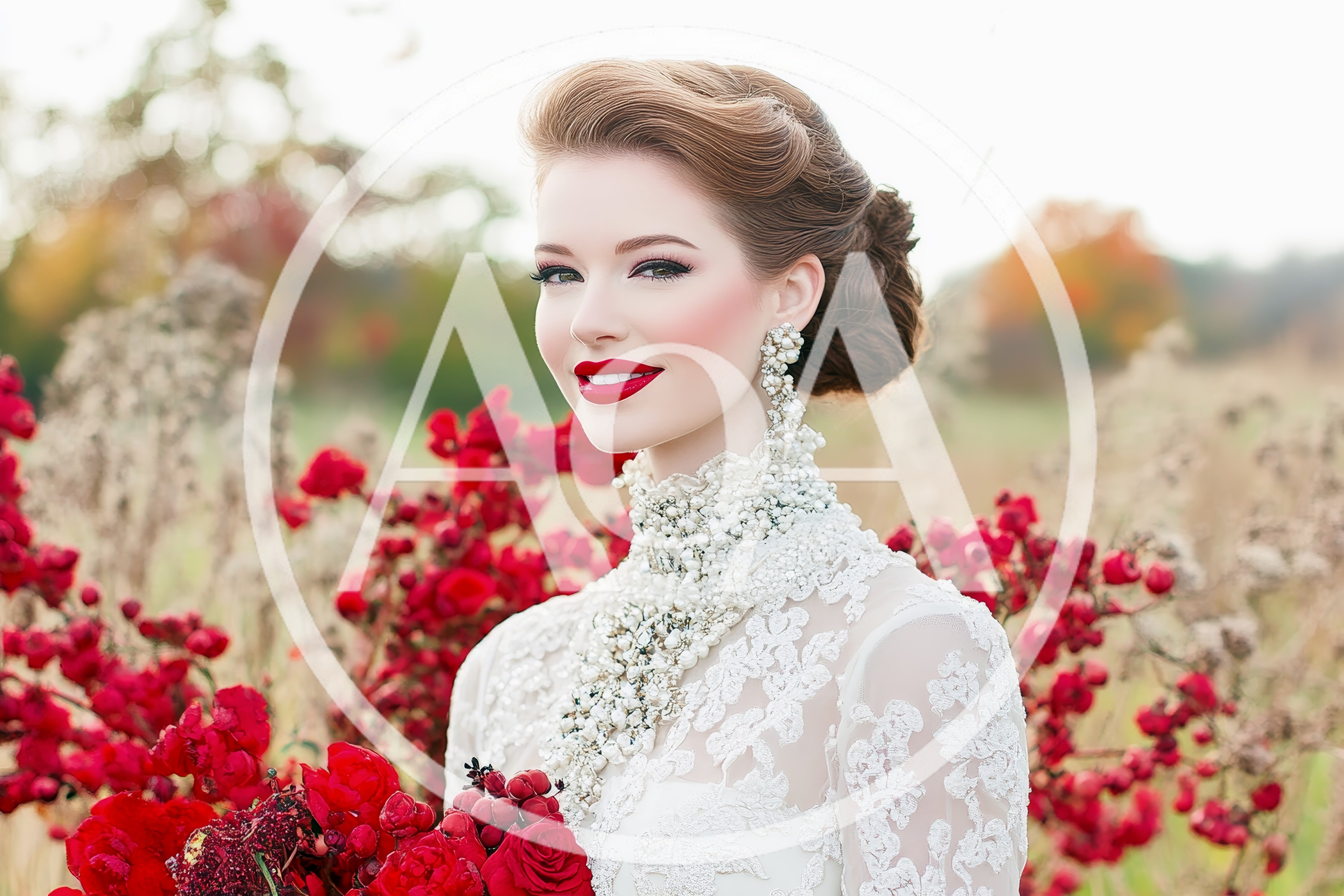 Elegant Bride With Red Roses In Autumn Field