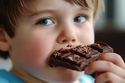Young Boy Eating A Piece Of Dark Chocolate