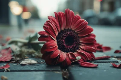 Fallen Red Gerbera Daisy On Urban Pavement
