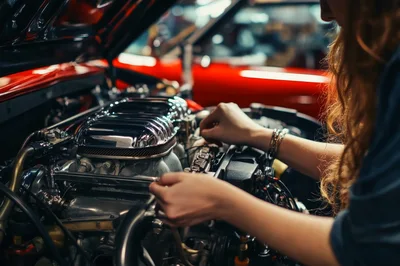 Female Mechanic Working On Classic Car Engine