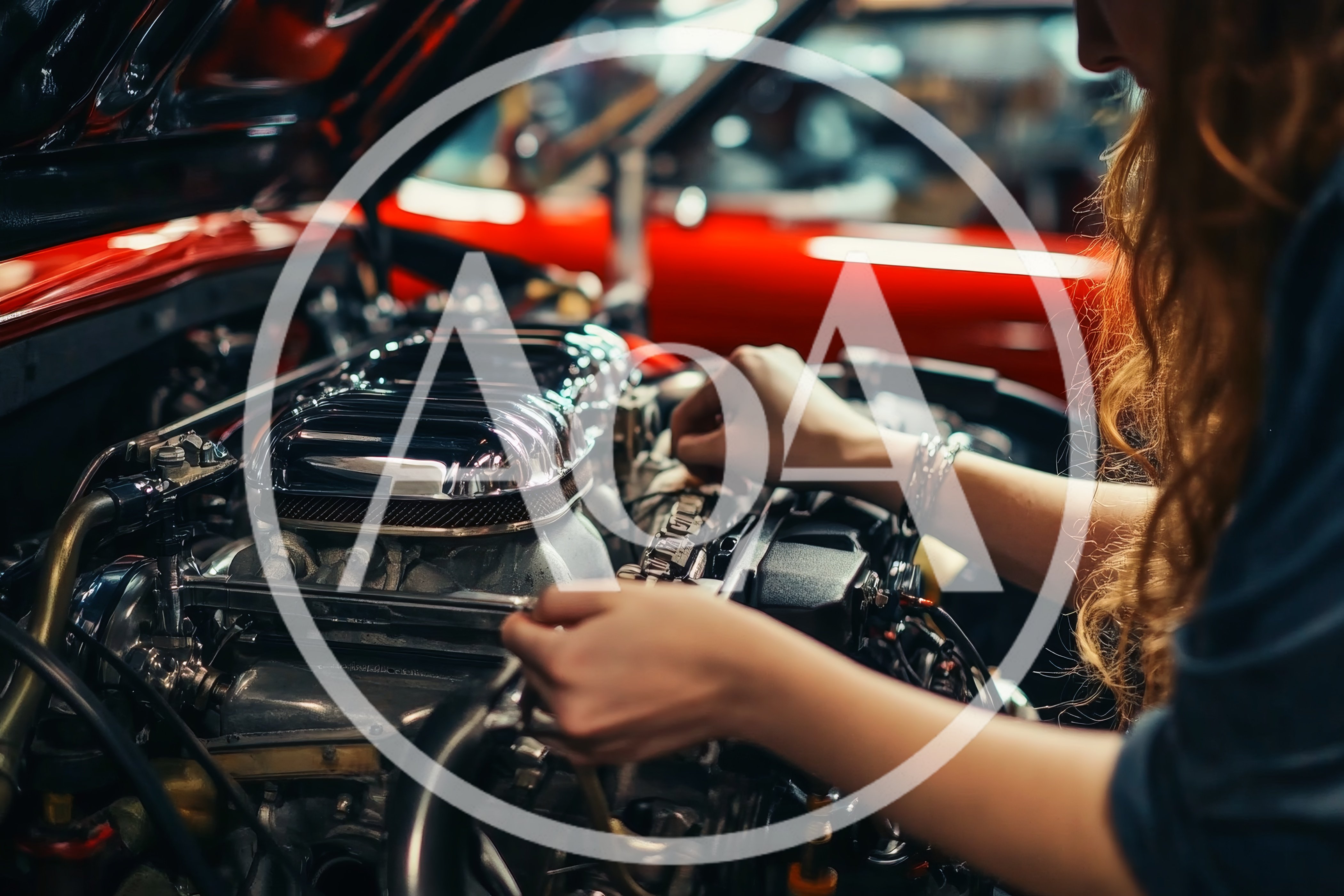 Female Mechanic Working On Classic Car Engine