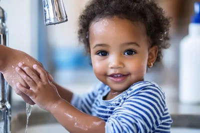 Toddler Washing Hands With Parent At Kitchen Sink
