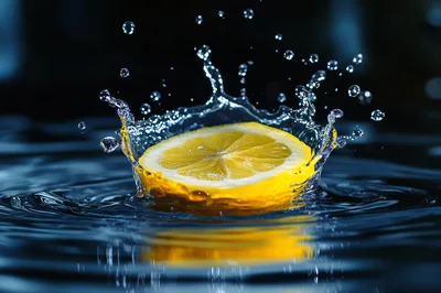 Lemon Slice Dropping Into Water Creating Splash