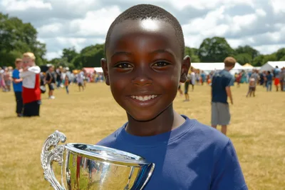 Young Boy Holding A Silver Trophy Outdoors