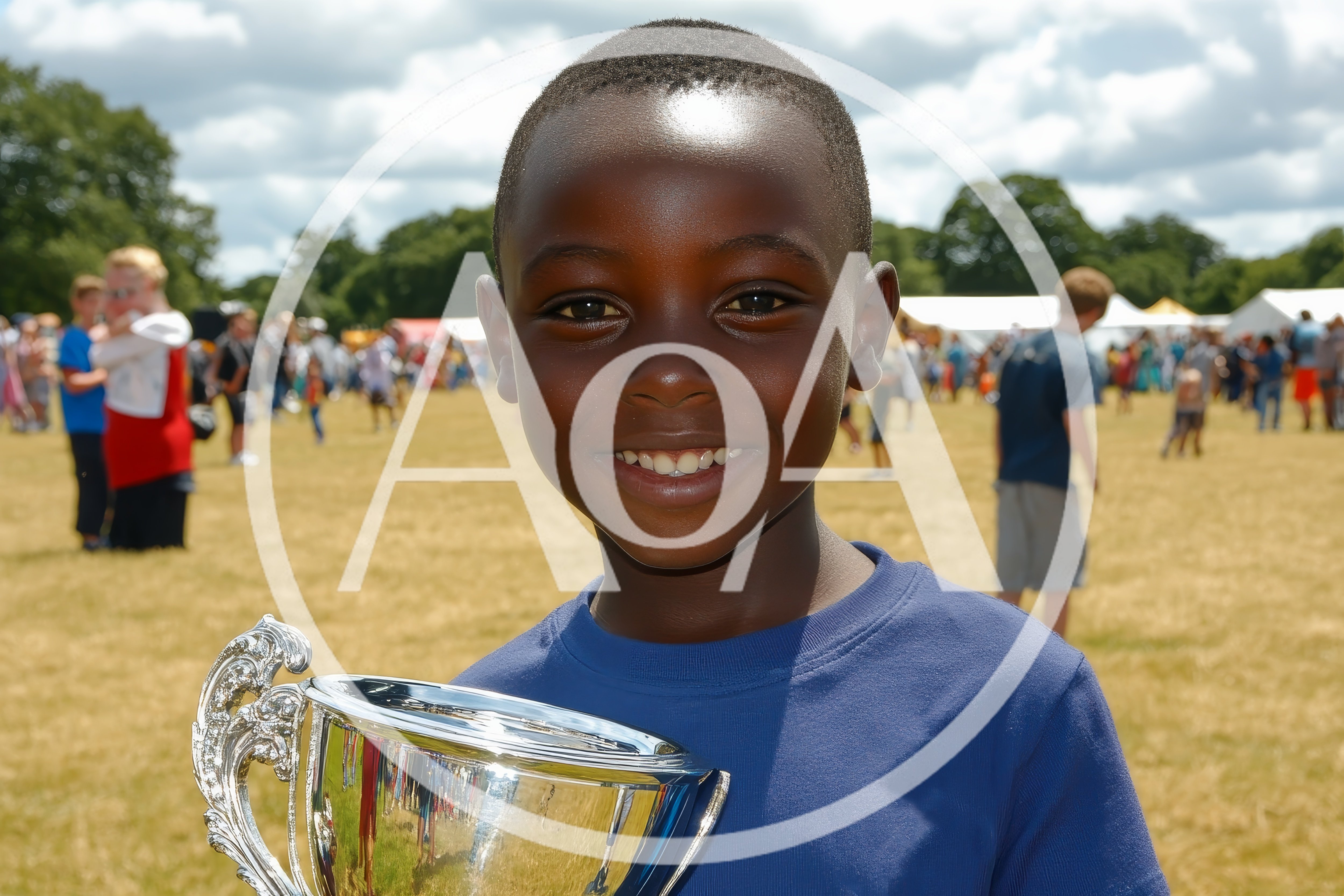 Young Boy Holding A Silver Trophy Outdoors