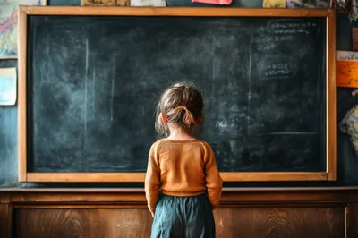 Young Girl Standing Before A Large Classroom Blackboard