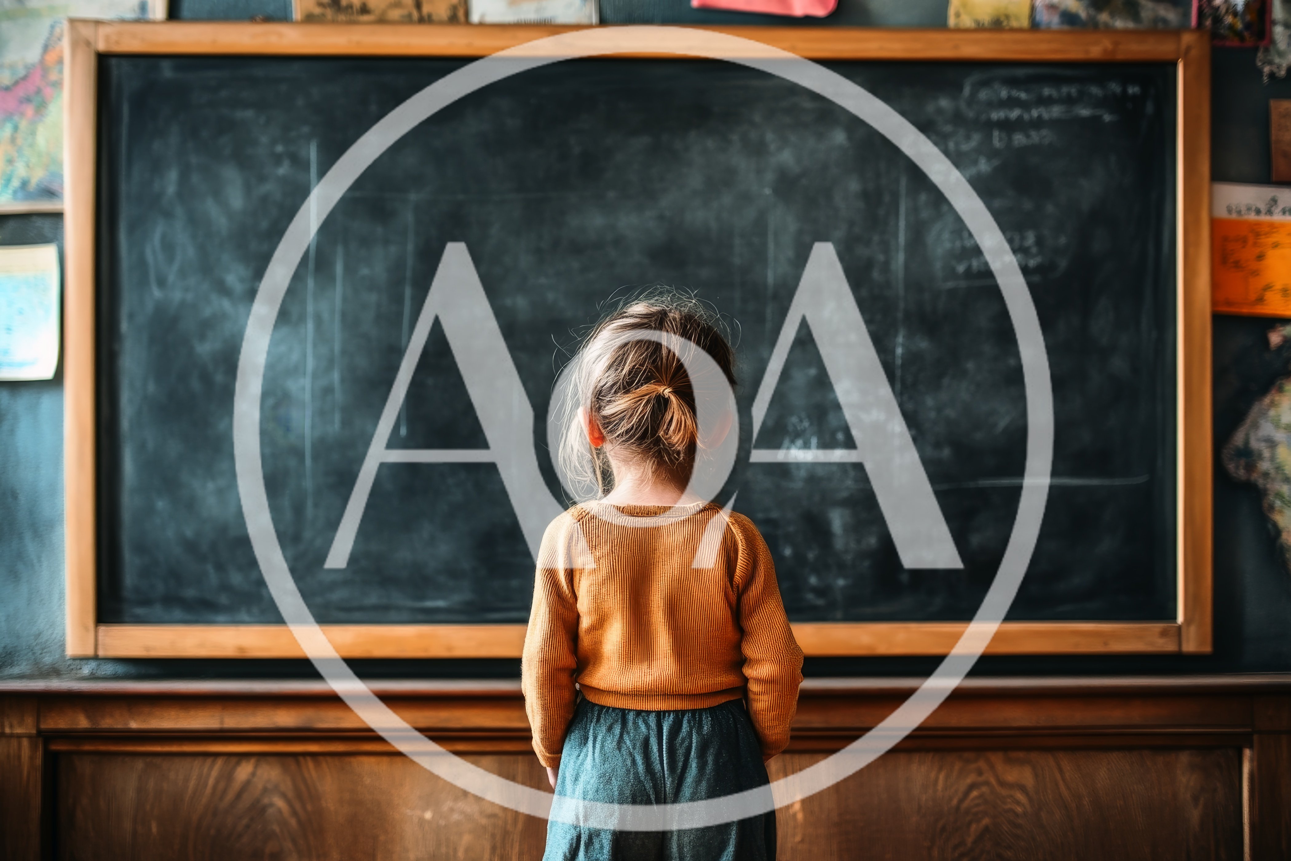 Young Girl Standing Before A Large Classroom Blackboard