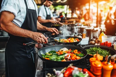 Professional Chefs Cooking Stir Fry in Restaurant Kitchen