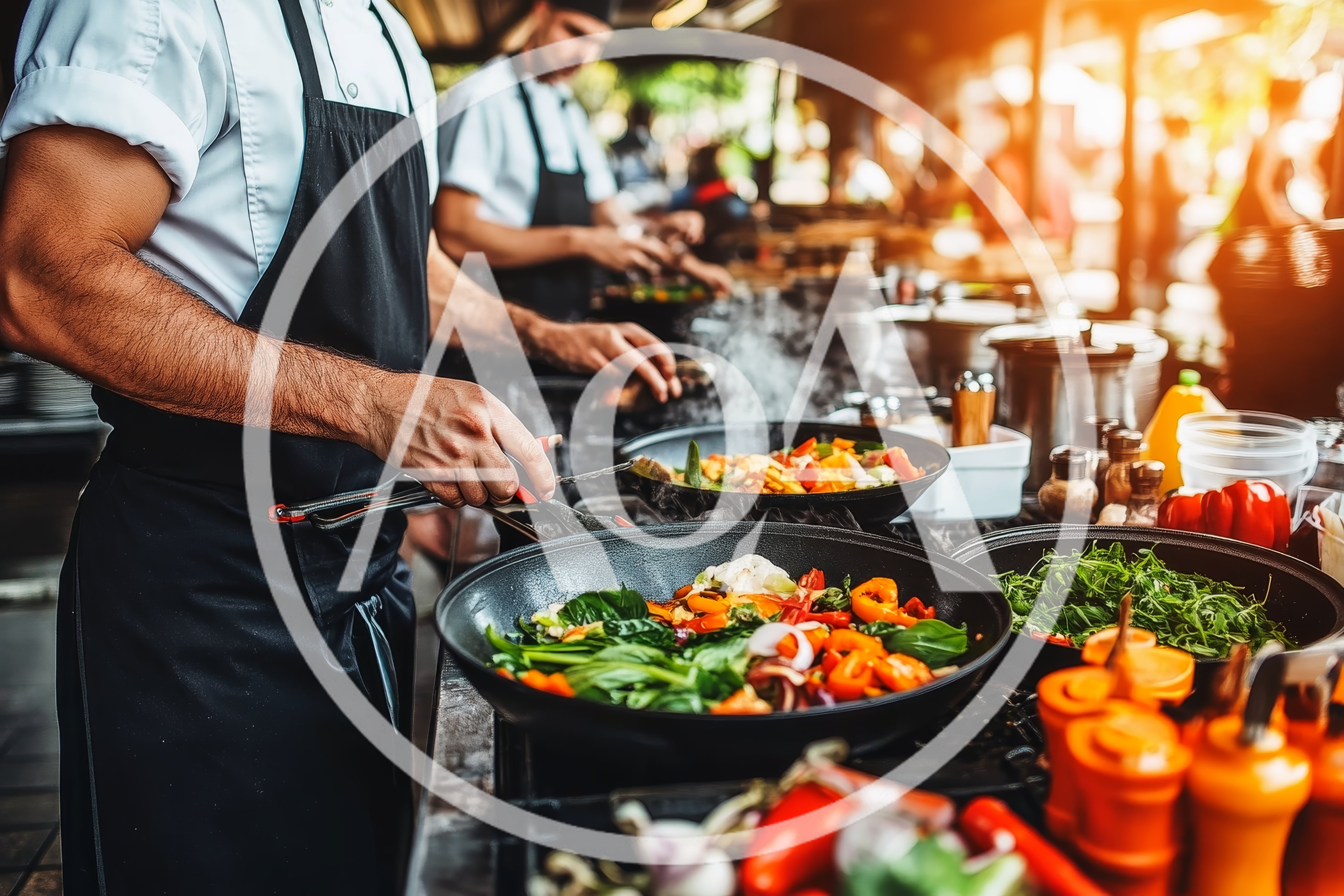 Professional Chefs Cooking Stir Fry in Restaurant Kitchen