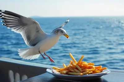 Seagull Swooping Down To Steal French Fries