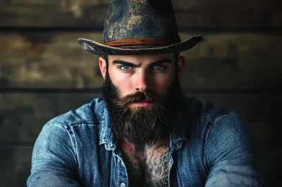 Portrait Of A Bearded Man Wearing A Cowboy Hat