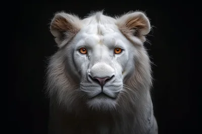 Majestic White Lion Portrait Against Black Background