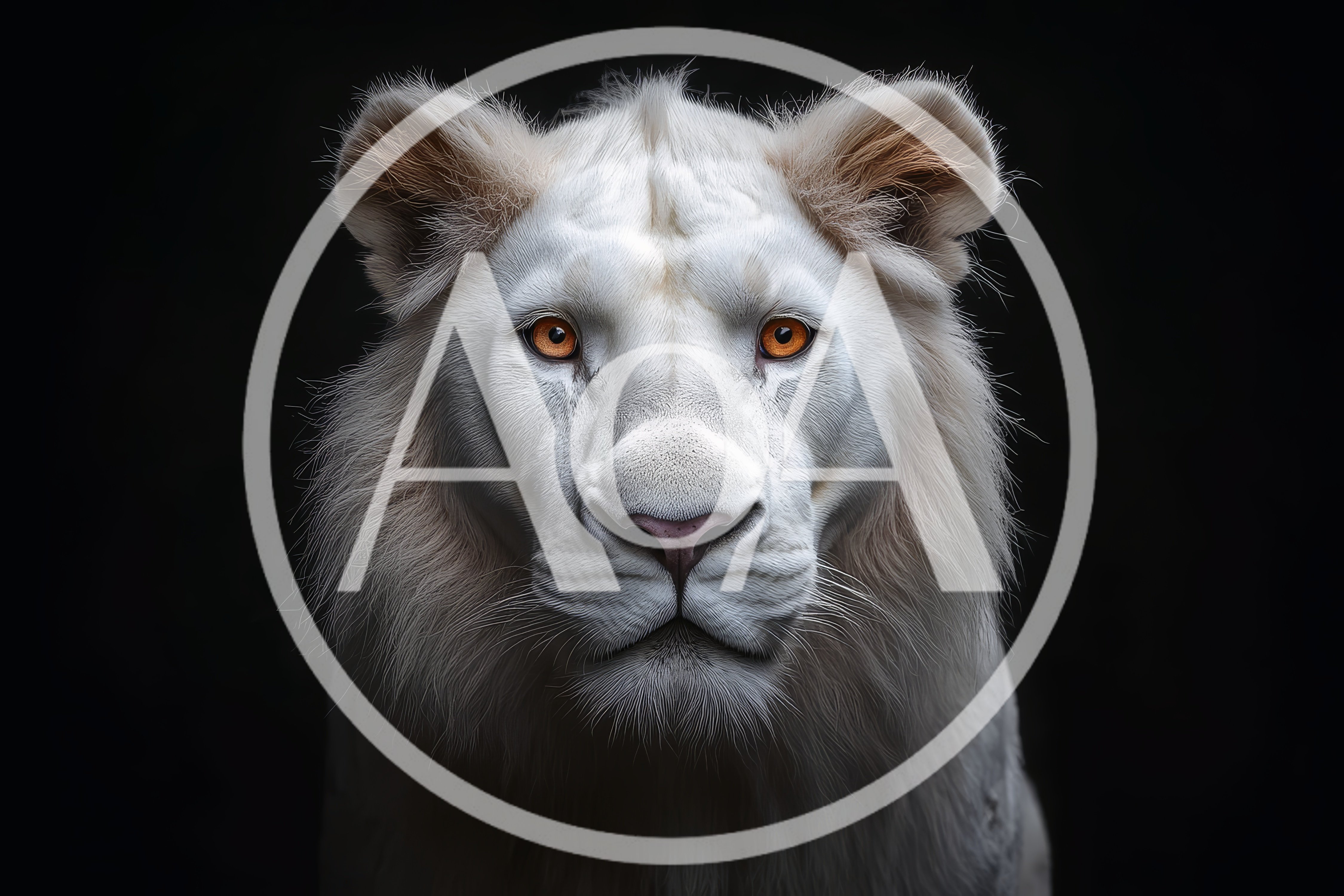 Majestic White Lion Portrait Against Black Background