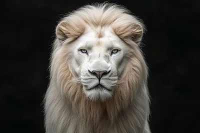 Majestic White Lion Portrait Against Black Background