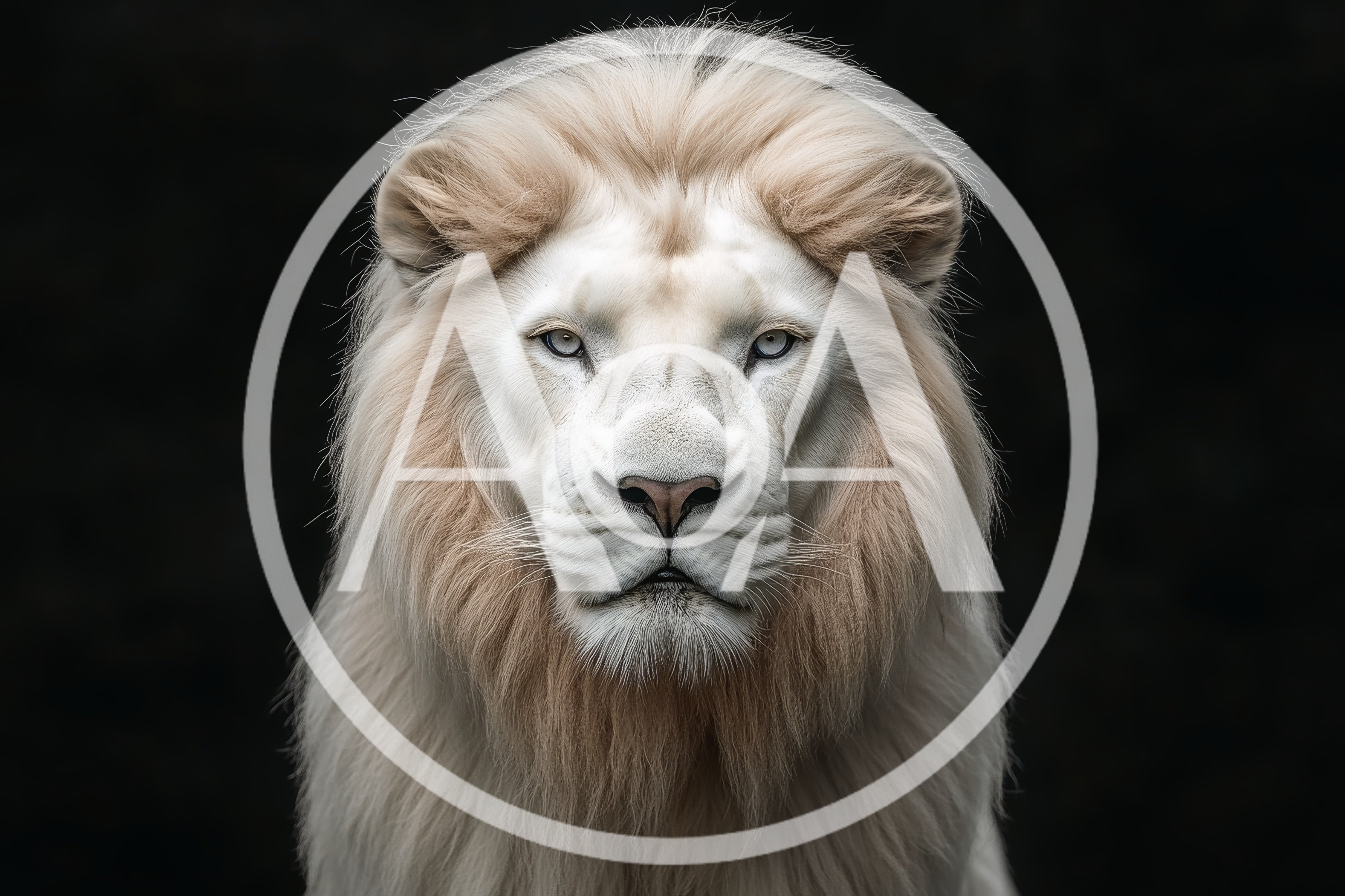 Majestic White Lion Portrait Against Black Background