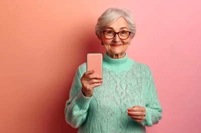 Elderly Woman Holding A Smartphone Against Pink Background