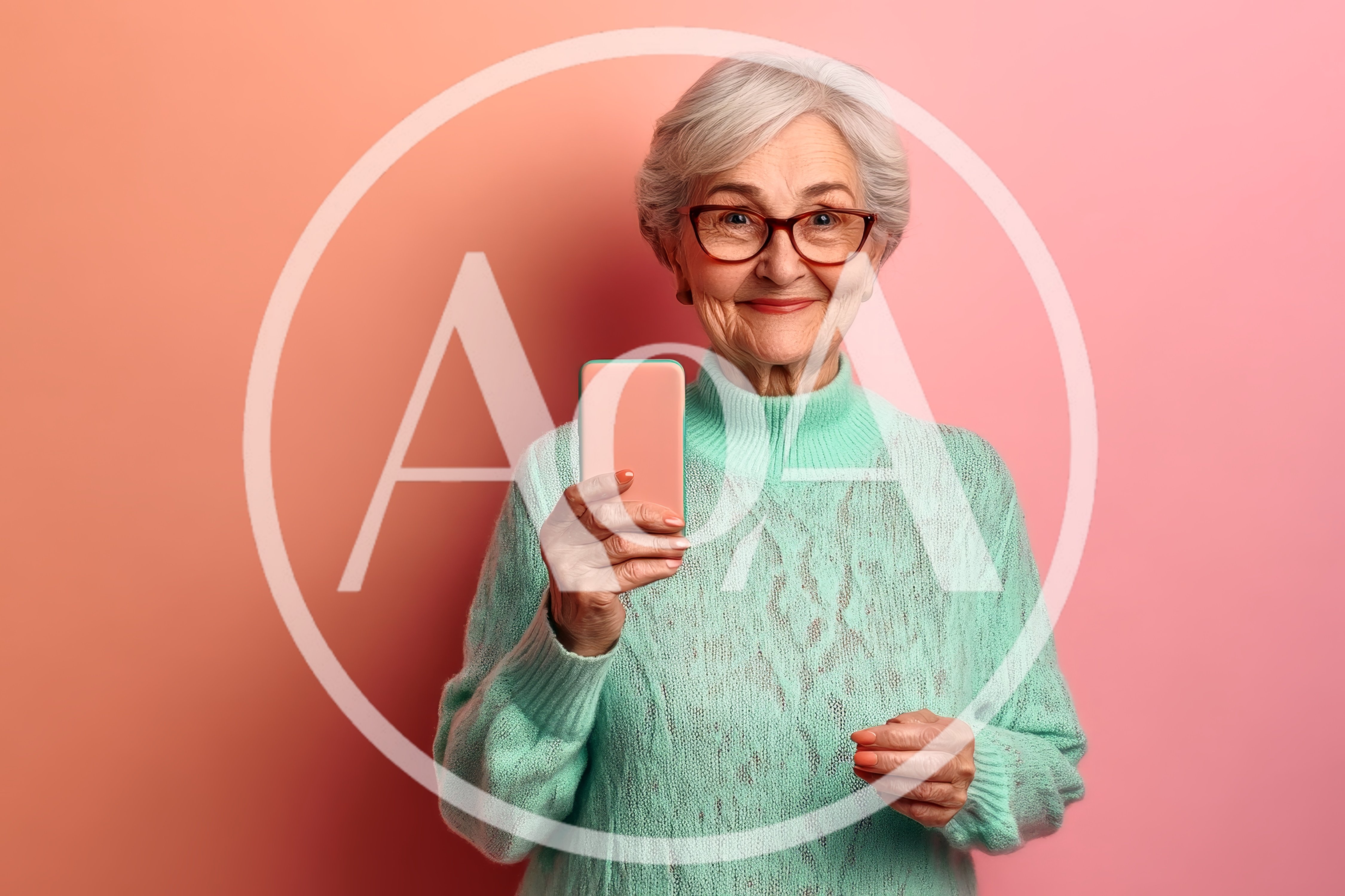 Elderly Woman Holding A Smartphone Against Pink Background