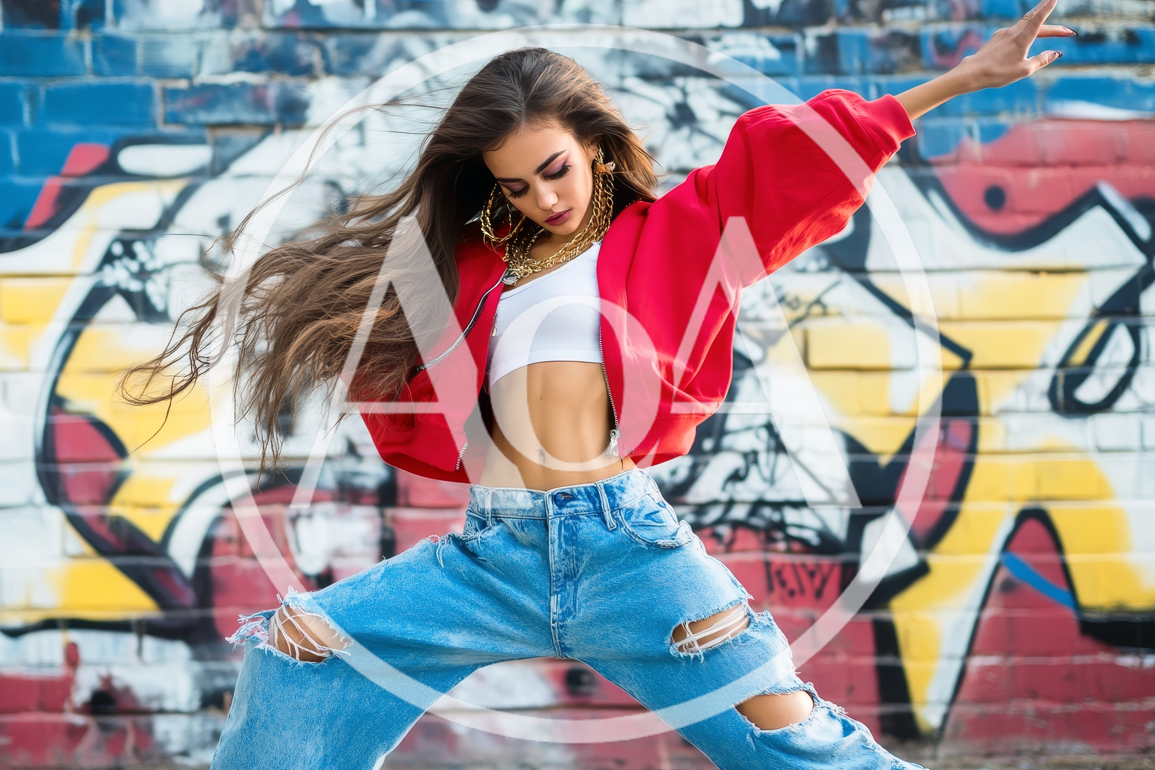 Young Woman Dancing In Streetwear Against Graffiti Wall