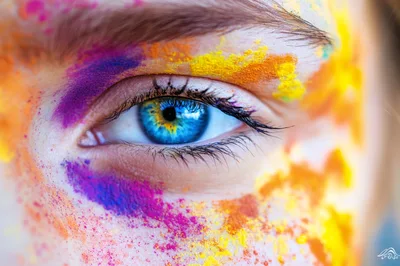 Close Up Of A Human Eye With Colorful Holi Powder