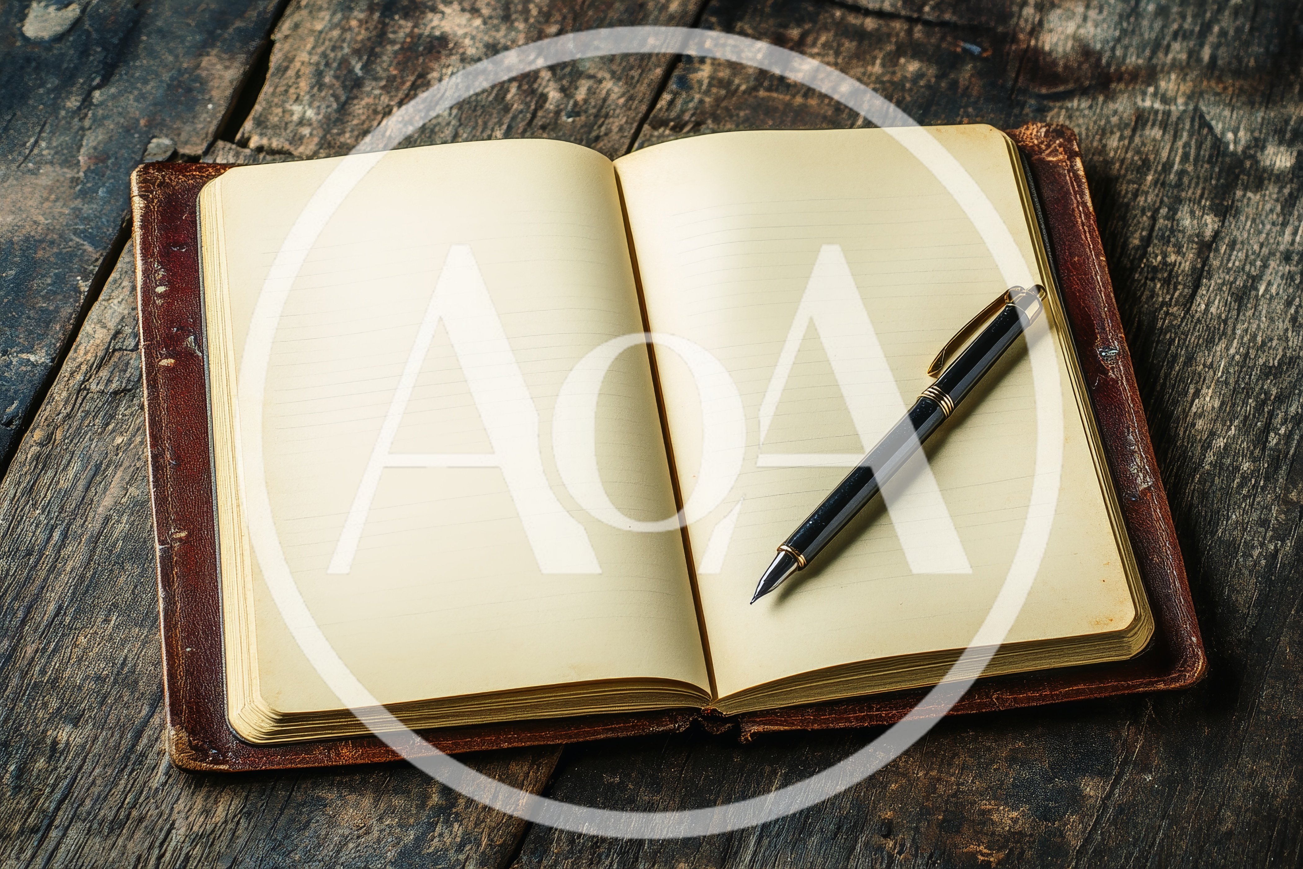 Open Leather Journal With Fountain Pen On Wooden Table