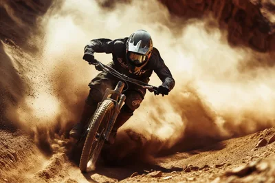 Mountain Biker Speeding Through Dusty Desert Trail