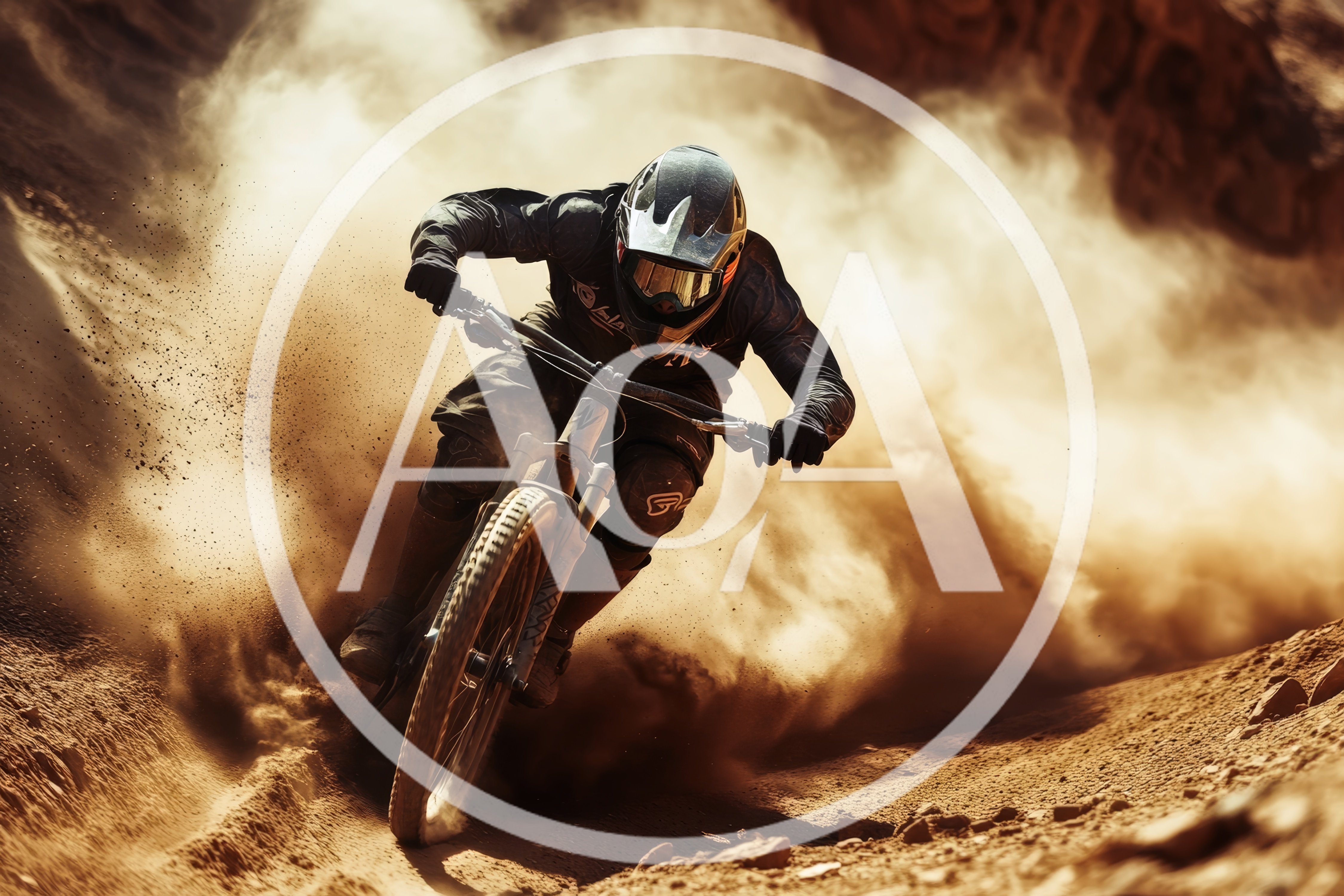 Mountain Biker Speeding Through Dusty Desert Trail