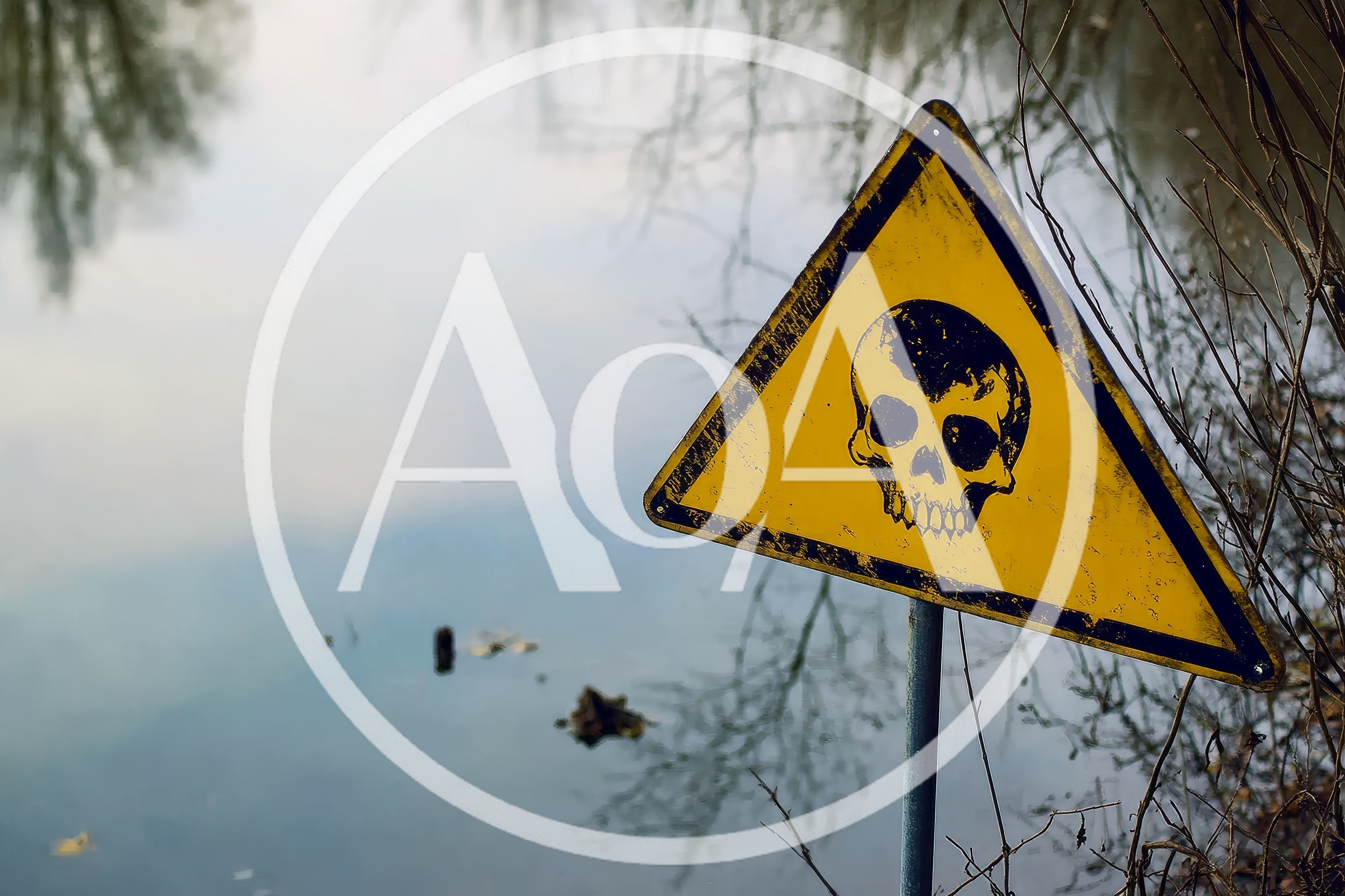 Weathered Skull Warning Sign Near A Calm Lake
