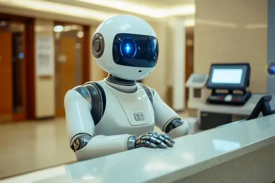 White Humanoid Robot Working At A Reception Desk