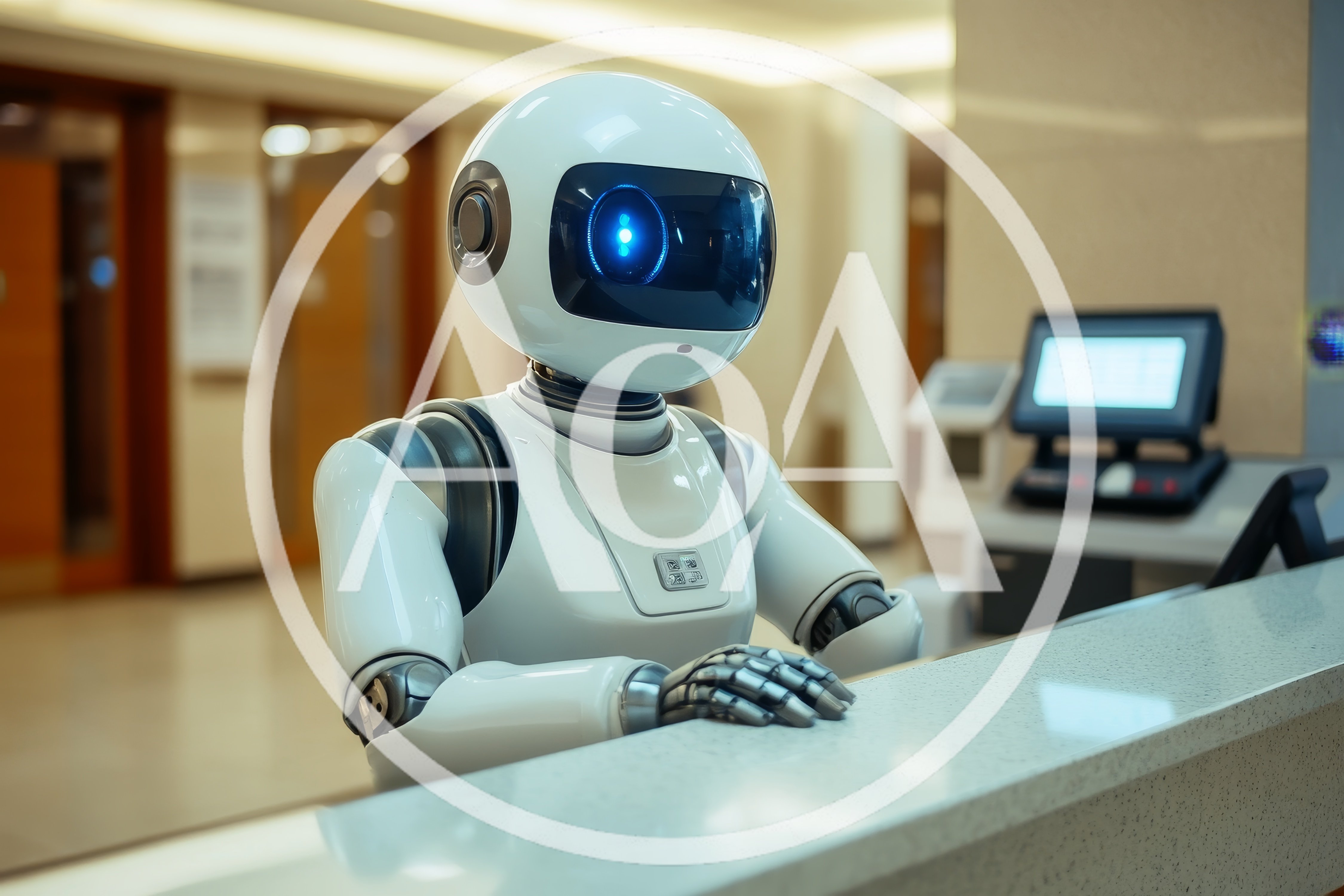 White Humanoid Robot Working At A Reception Desk