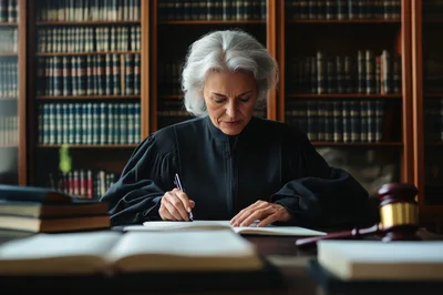 Female Judge Writing In A Law Library