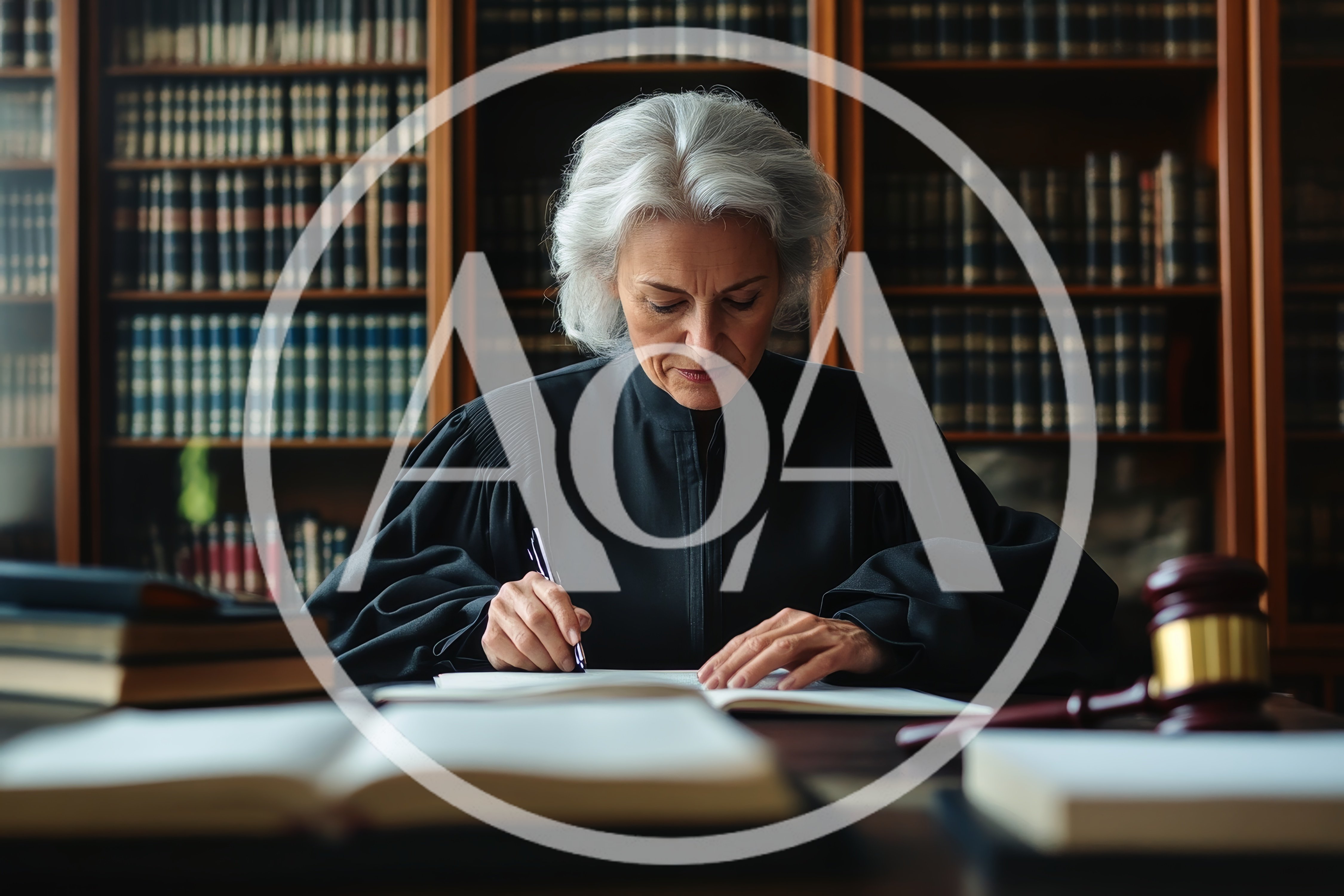 Female Judge Writing In A Law Library