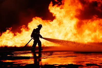 Firefighter Silhouetted Against A Massive Raging Wildfire