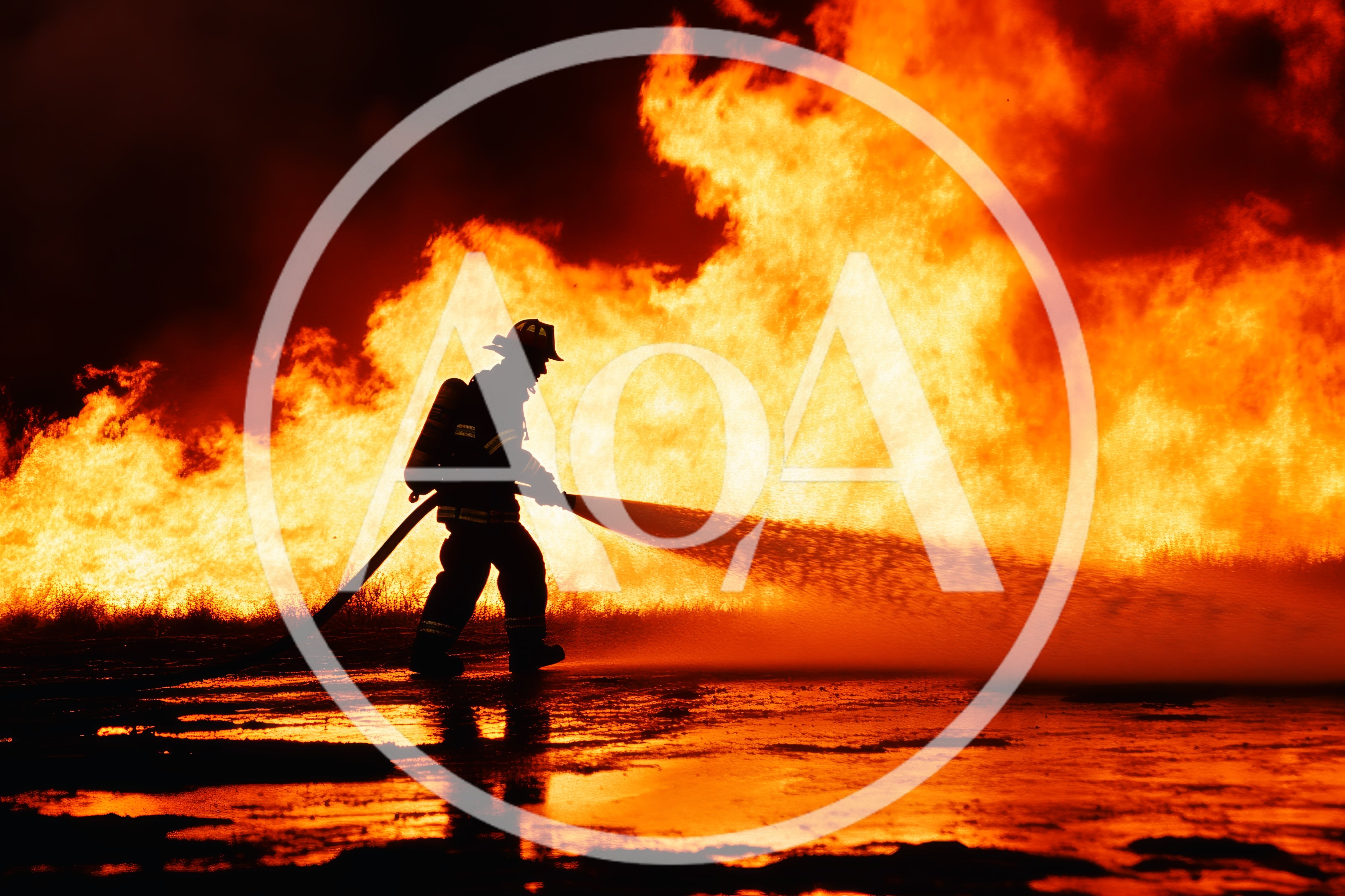 Firefighter Silhouetted Against A Massive Raging Wildfire