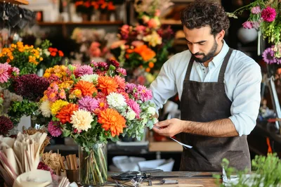 Professional Florist Arranging A Vibrant Flower Bouquet