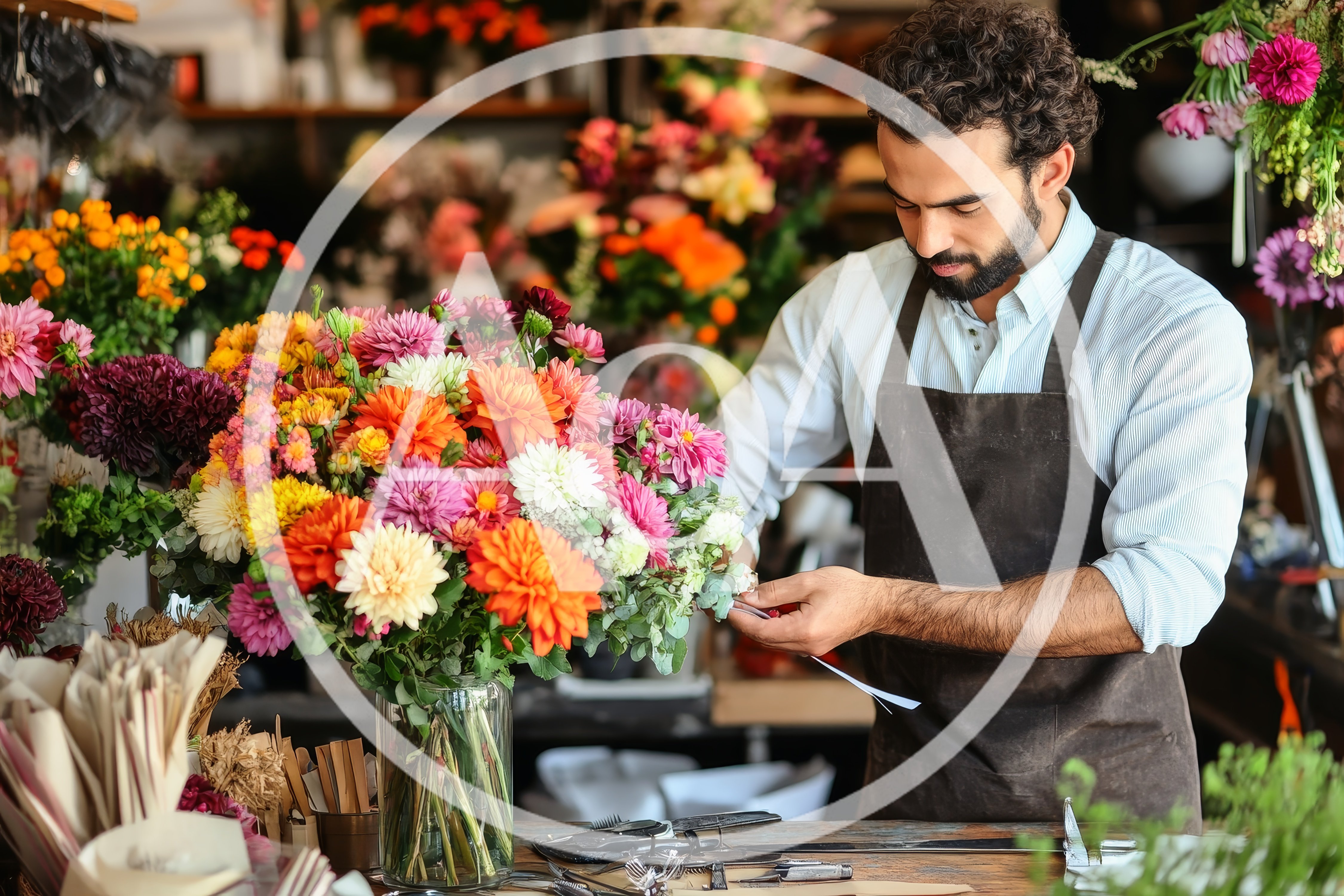 Professional Florist Arranging A Vibrant Flower Bouquet