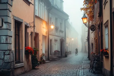 Cyclist Riding Through A Foggy European Cobblestone Street