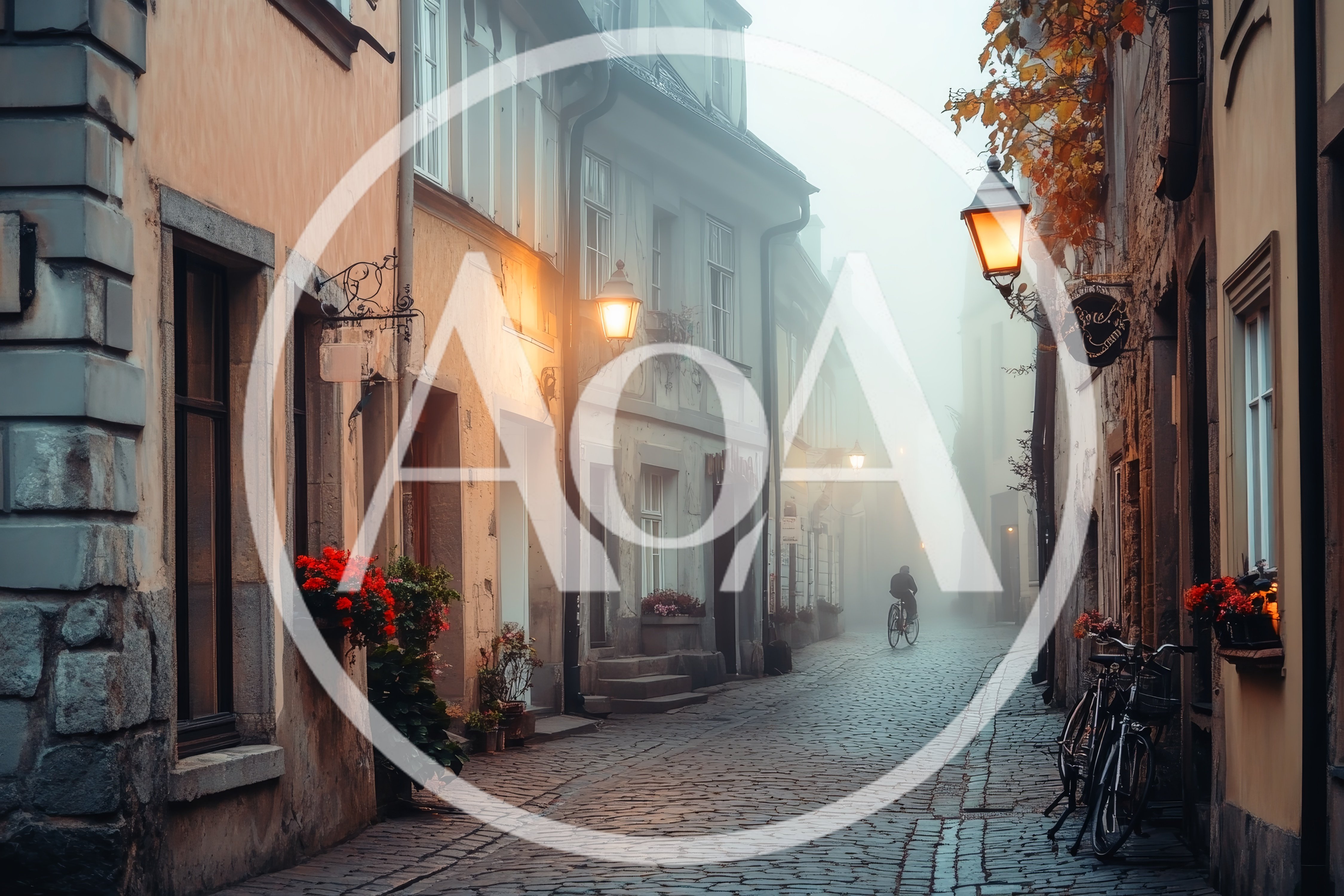 Cyclist Riding Through A Foggy European Cobblestone Street