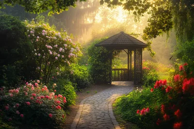Sunlit Garden Gazebo With Blooming Flowers