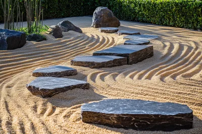 Zen Garden With Stepping Stones And Raked Sand