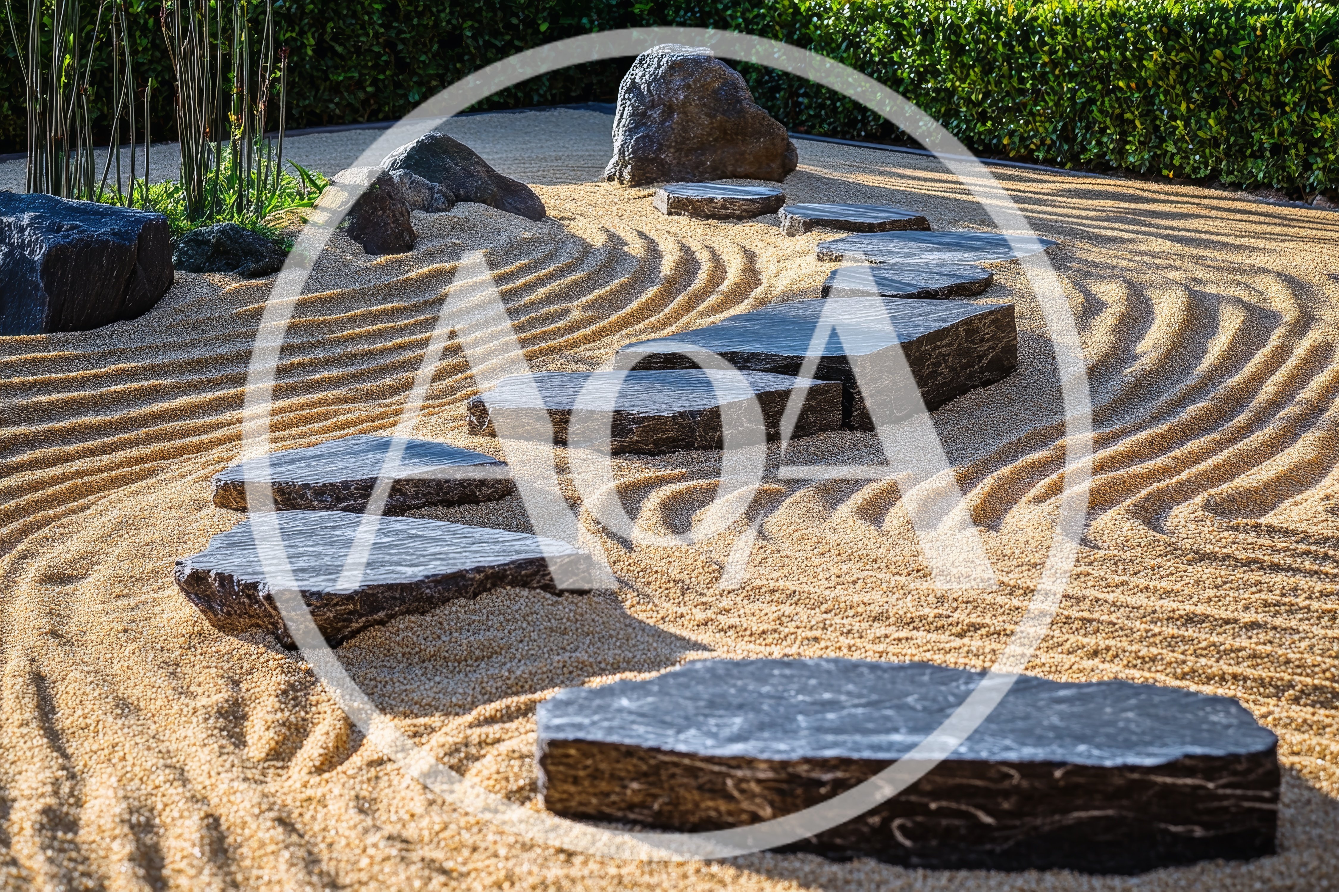 Zen Garden With Stepping Stones And Raked Sand