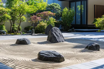 Zen Garden With Raked Sand And Decorative Rocks
