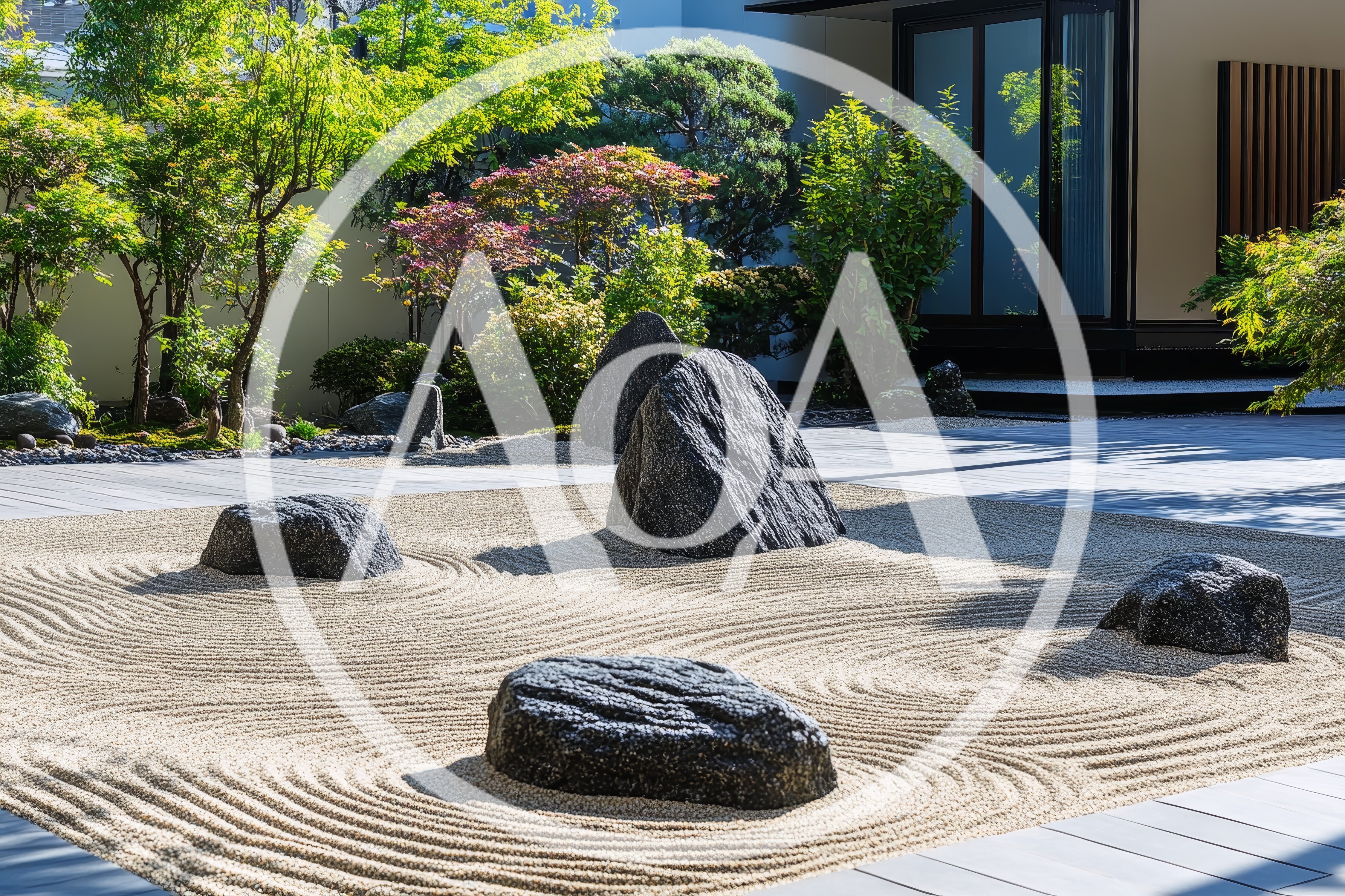 Zen Garden With Raked Sand And Decorative Rocks