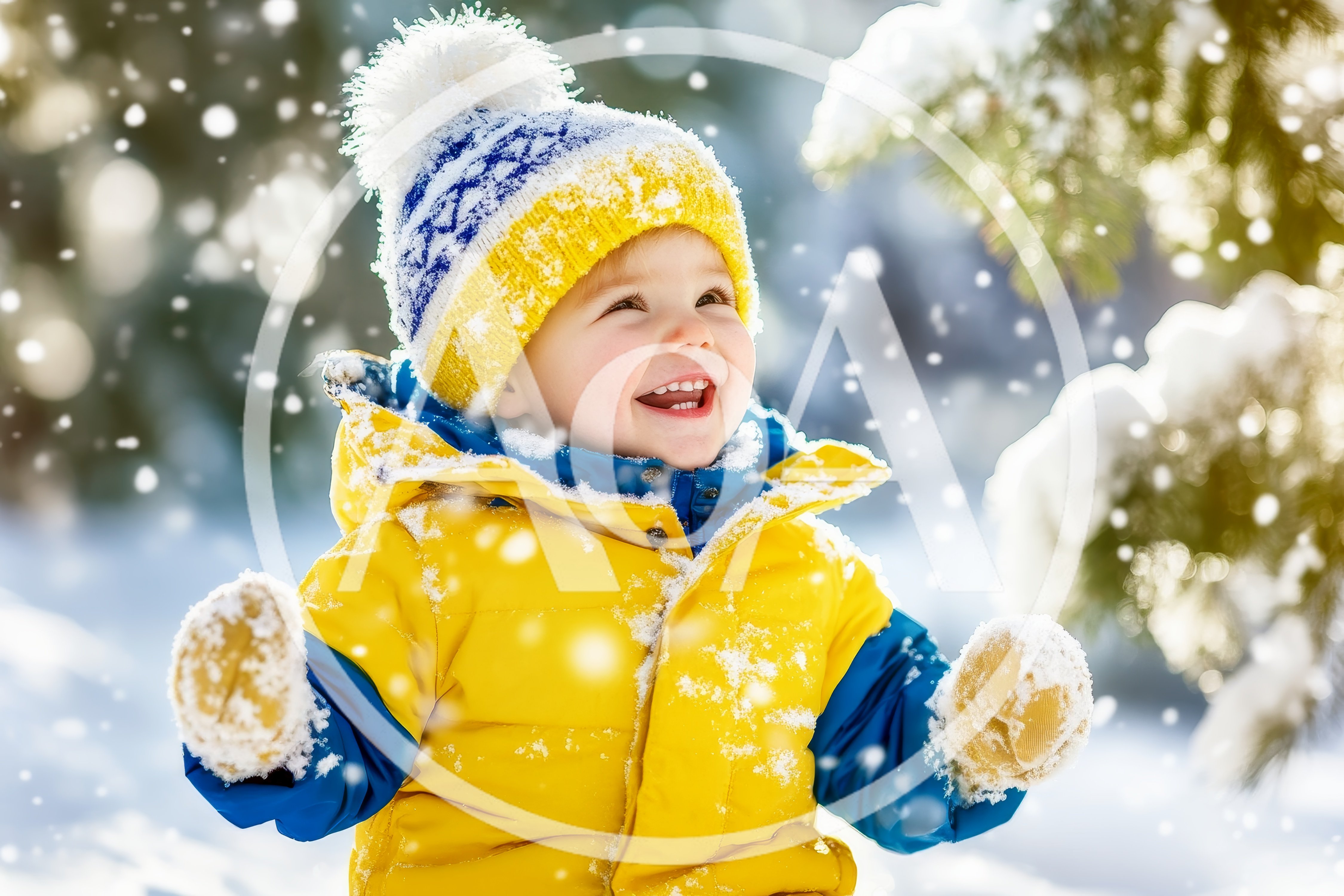 Happy Toddler Playing In Snowy Winter Forest