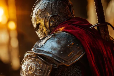 Close Up Of A Medieval Knight In Ornate Armor