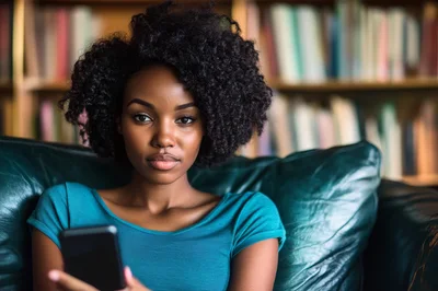 Young Black Woman Using Smartphone In Library